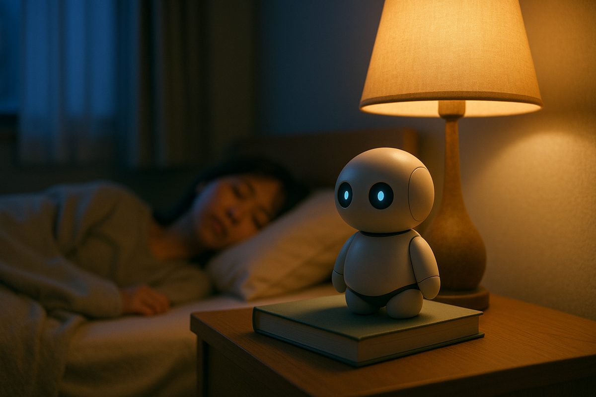 夜の寝室のナイトテーブルに置かれた小さなロボット