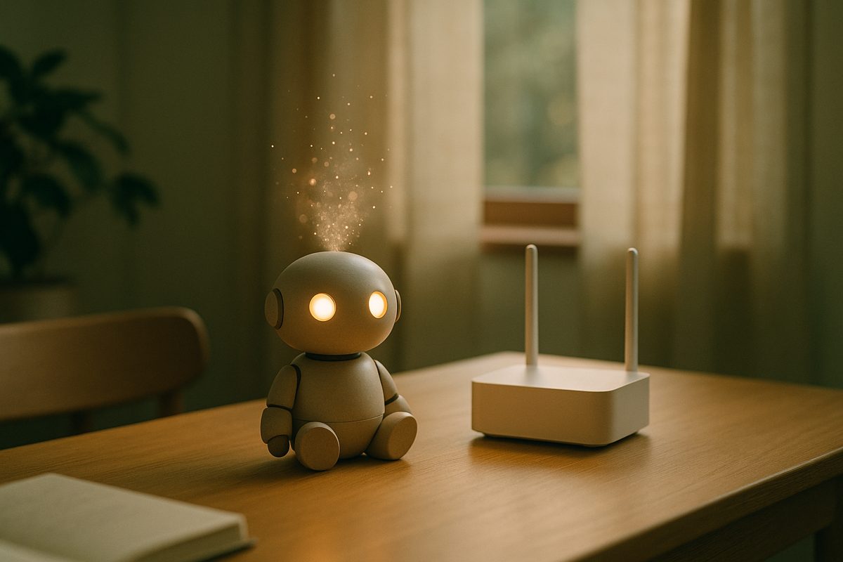 Wi-Fiルーターの横で目を光らせる小さなロボット