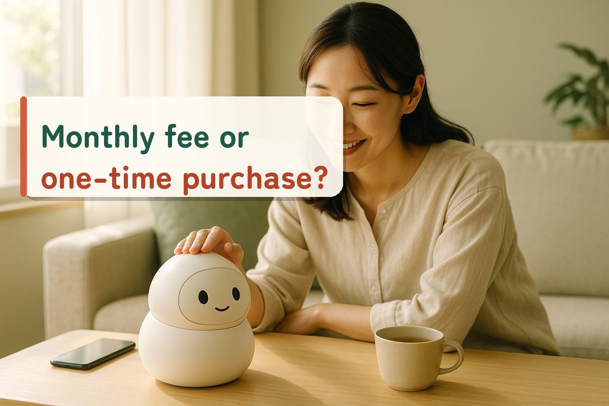 A woman smiling as she touches a small companion robot in her living room