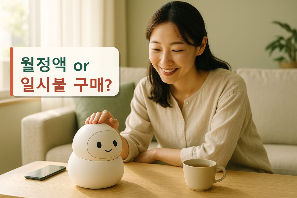 거실에서 작은 컴패니언 로봇을 만지며 미소 짓는 여성