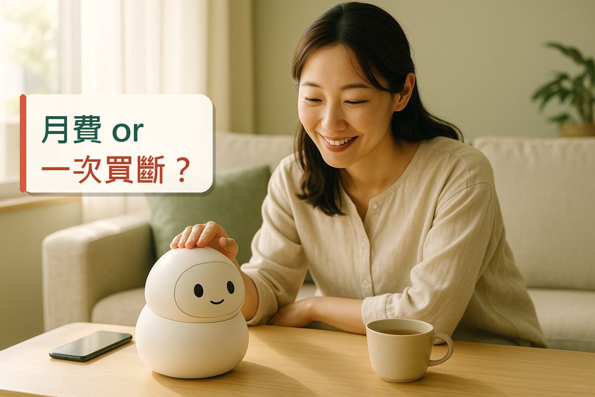 在客廳裡撫摸小型陪伴機器人並露出微笑的女性