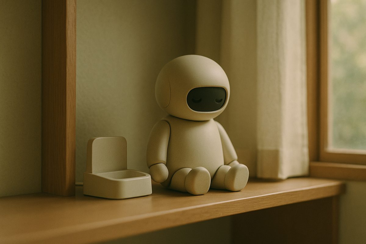 棚の上で目を閉じて休んでいるロボット