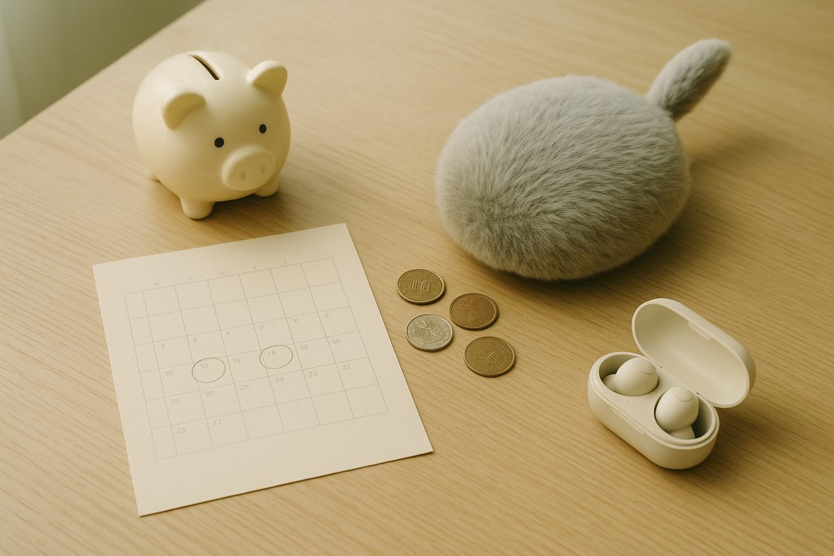 貯金箱、カレンダー、硬貨と小さなふわふわのロボット