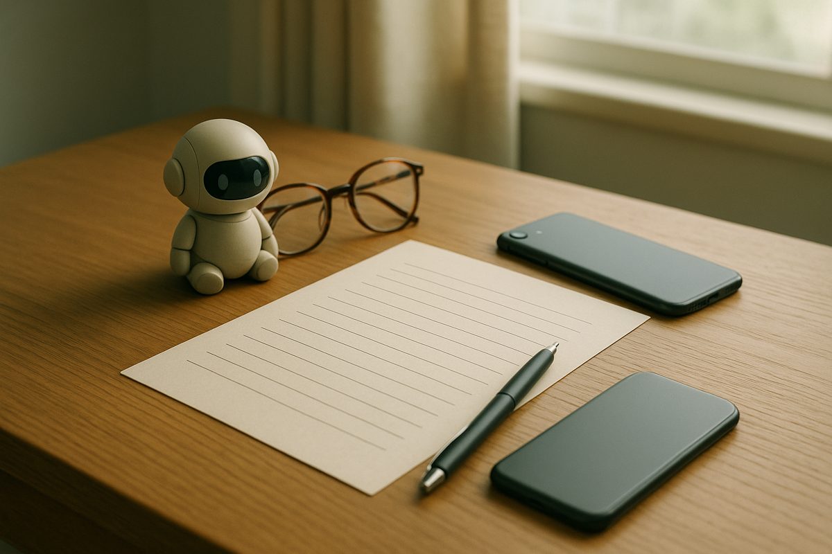 机の上の書類とペン、眼鏡、小さなロボット