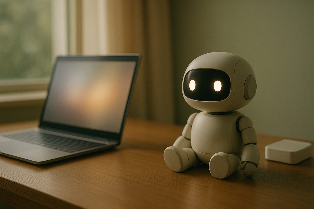 ノートパソコンとルーターの横に座る小さなロボット
