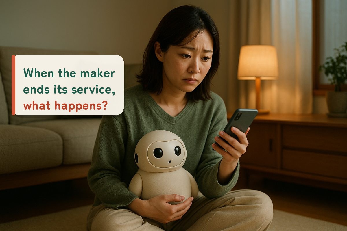 A woman looking at her smartphone while holding a small robot