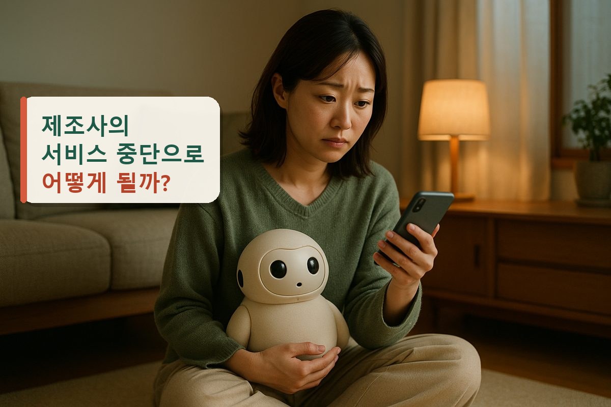 작은 로봇을 안고 스마트폰을 바라보는 여성