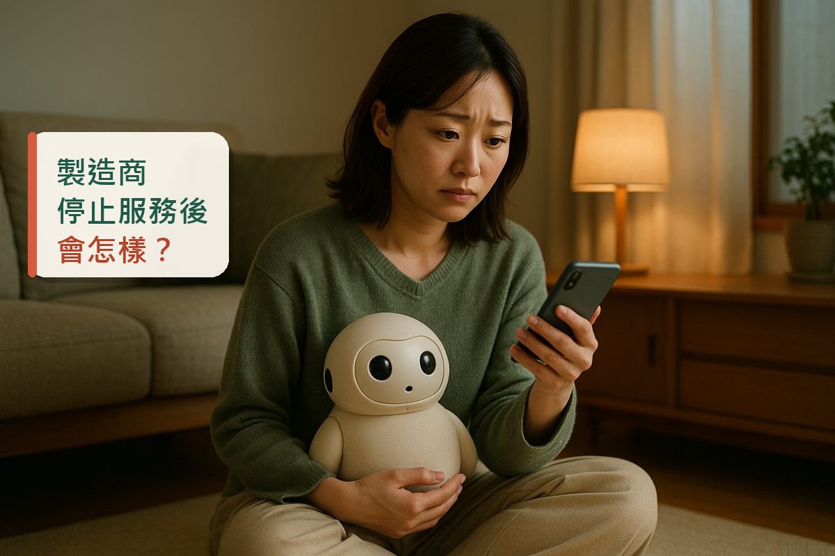 抱著小型機器人、盯著智慧型手機的女性