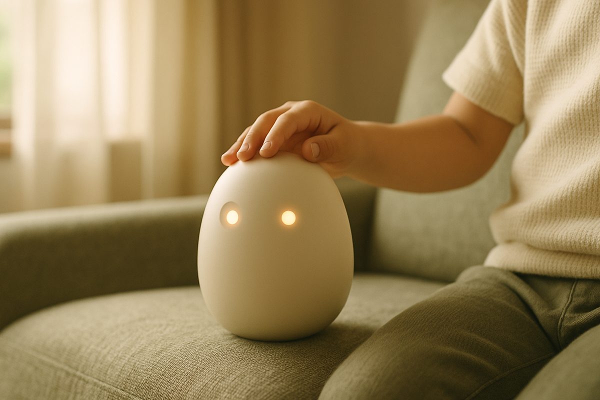 子どもの手になでられる卵形の小さなロボット