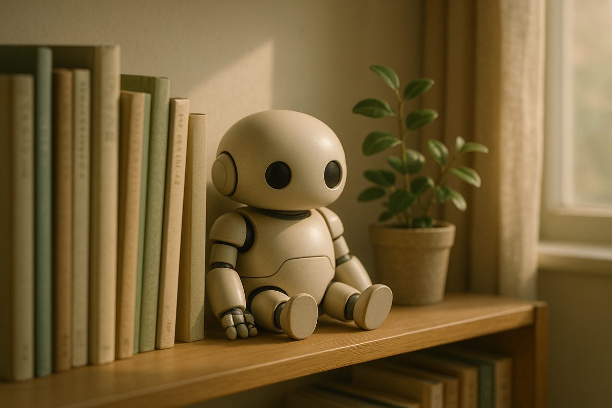 本棚の上で目を閉じて座る小さなロボット