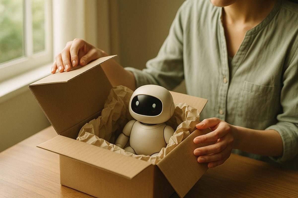 段ボール箱を開けて中のロボットを取り出す手元