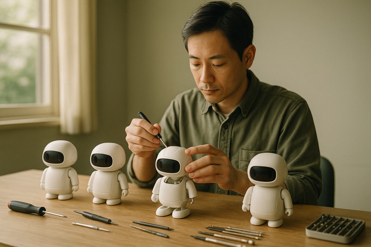 作業台に並んだ小さなロボットを組み立てる人