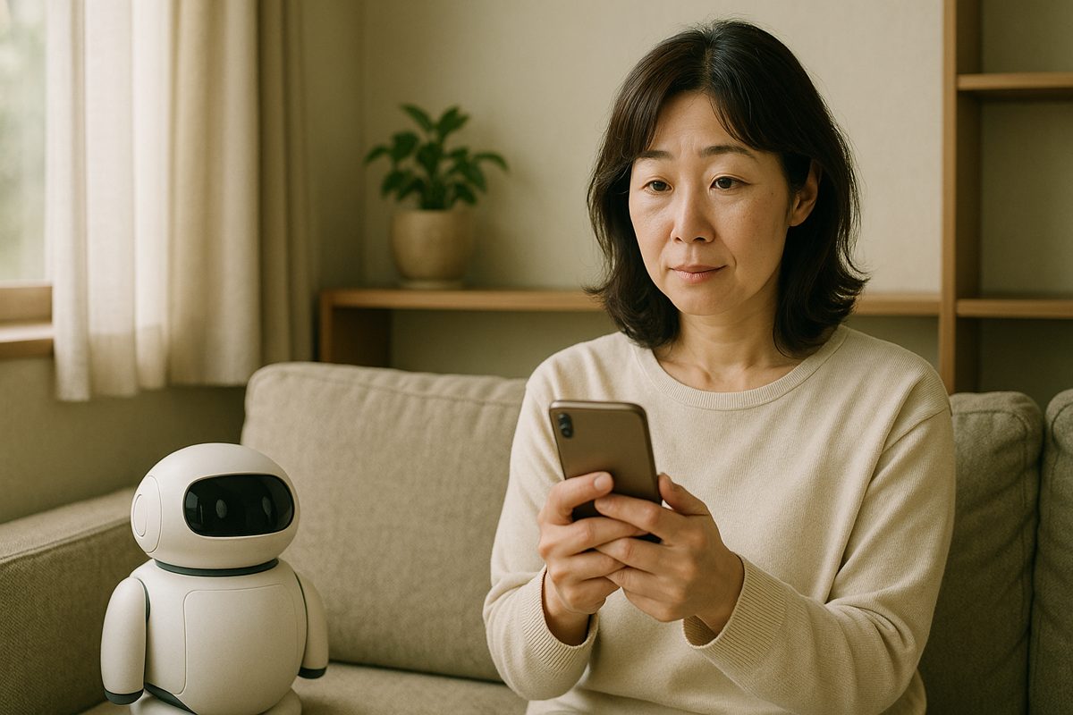 ソファでスマートフォンを確認しながら待つ女性