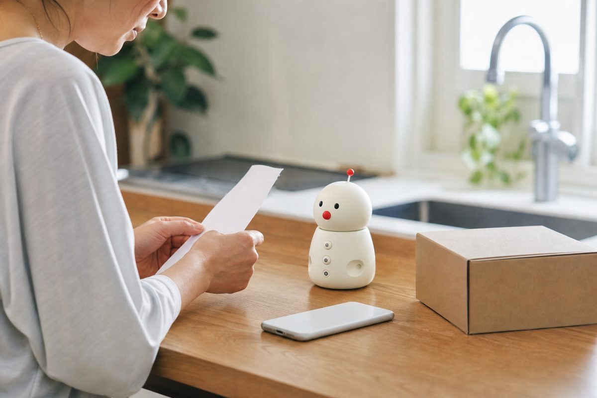 BOCCO emoの横で書類を確かめる人