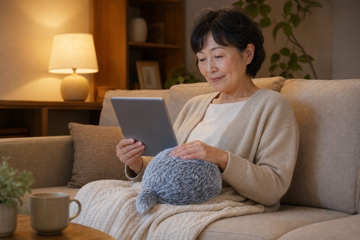 Petit Qooboをひざにのせてタブレットを見る女性