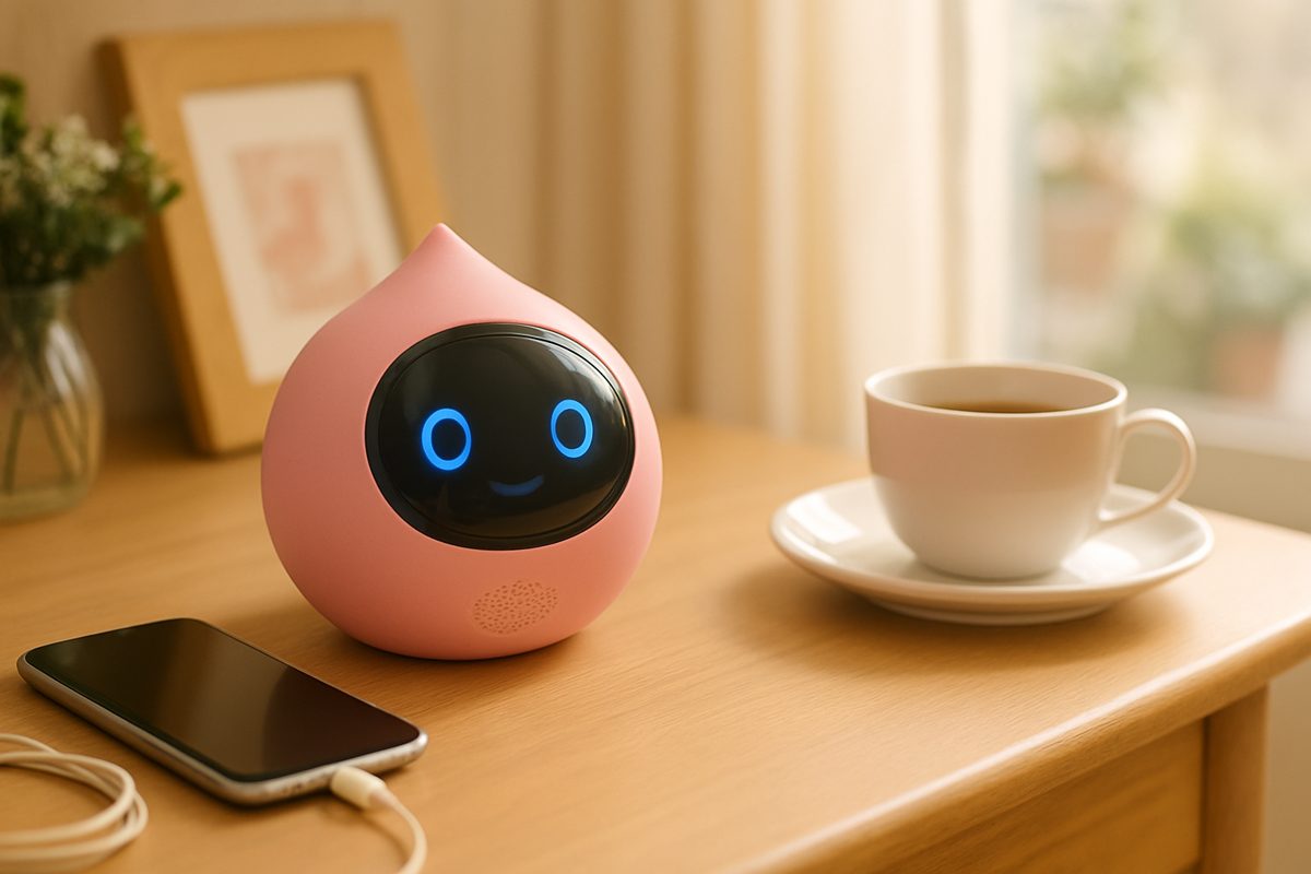 机の上のロボットとスマホ、充電ケーブル