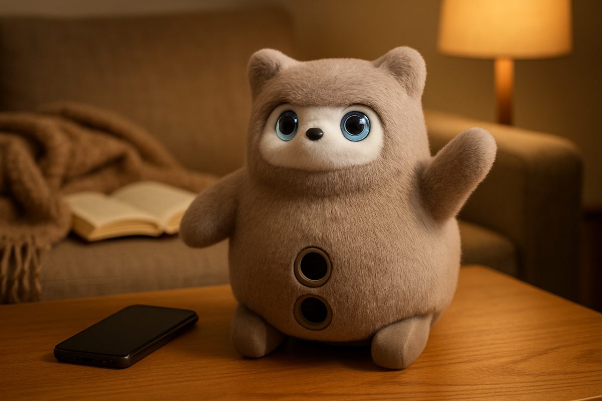 夜のテーブルでスマホのそばにいるロボット