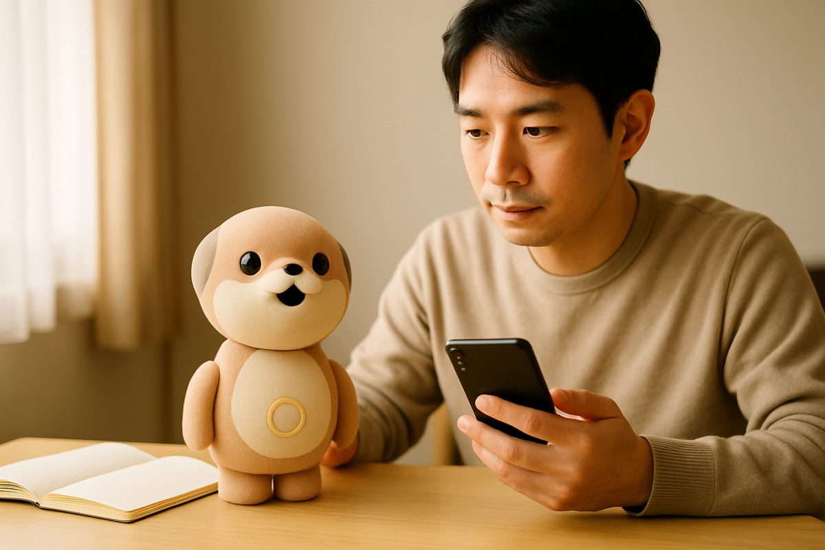机でスマホを操作してロボットを設定する男性