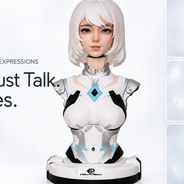 白い髪と白いボディの胸像型ロボットFR-NIAの正面